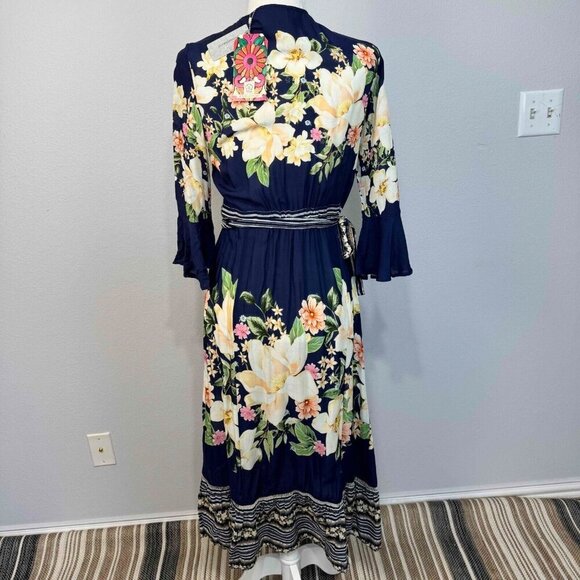 Farm Rio Anthropologie Midnight‎ Flower Wrap Dress 3/4 Sleeves Blue SP - Picture 7 of 16